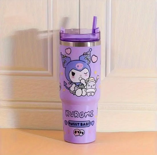 Sanrio - Kuromi drinkfles met rietje - 1.2 liter - waterfles voor kinderen & volwassenen - thermosbeker RVS travel mug - motiverende drinkbus - drinkbeker voor school - Kawaii - Cinnamoroll - Hello Kitty - My Melody - PomPomPurin - Pochacco