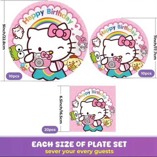 Sanrio - Hello Kitty Wegwerpserviesset - Papieren Feestartikelen - 40 Stuks - Kinderfeestje - Borden - Bekers - Servetten - feestpakket - Hello Kitty - My Melody - Kuromi - Cinnamoroll - PomPomPurin - Pochacco - kawaii