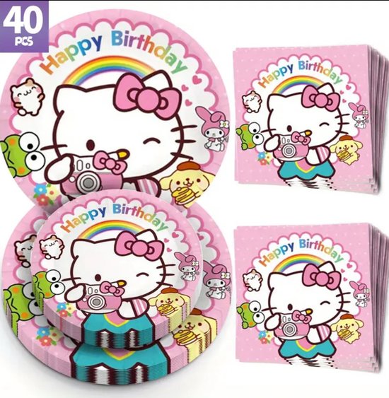 Sanrio - Hello Kitty Wegwerpserviesset - Papieren Feestartikelen - 40 Stuks - Kinderfeestje - Borden - Bekers - Servetten - feestpakket - Hello Kitty - My Melody - Kuromi - Cinnamoroll - PomPomPurin - Pochacco - kawaii