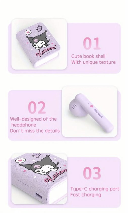 Sanrio - Cinnamoroll draadloze oordopjes - bluetooth oordopjes - in boekcover - boekvorm - met hanger - 6 uur speeltijd - Kawaii - Kuromi - Hello Kitty - My Melody - PomPomPurin - Pochacco
