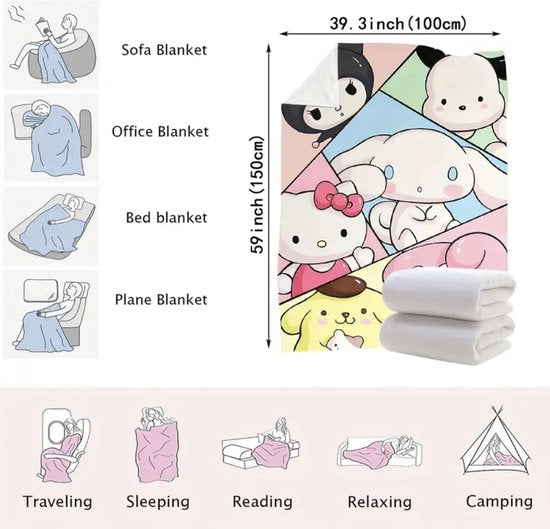 Sanrio - deken met Sanrio personages - 100x150 cm - fleece - Sanrio & Friends - Cinnamoroll - Kuromi - Hello Kitty - My Melody - PomPomPurin - Pochacco - cadeau - kawaii