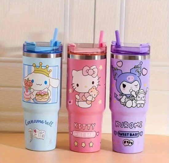 Sanrio - Cinnamoroll drinkfles met rietje - 1.2 liter - waterfles voor kinderen & volwassenen - thermosbeker RVS travel mug - motiverende drinkbus - drinkbeker voor school - Kawaii - Kuromi - Hello Kitty - My Melody - PomPomPurin - Pochacco