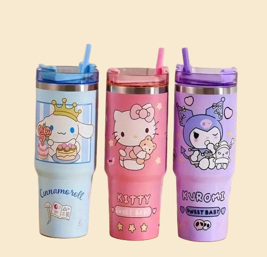Sanrio - Cinnamoroll drinkfles met rietje - 1.2 liter - waterfles voor kinderen & volwassenen - thermosbeker RVS travel mug - motiverende drinkbus - drinkbeker voor school - Kawaii - Kuromi - Hello Kitty - My Melody - PomPomPurin - Pochacco