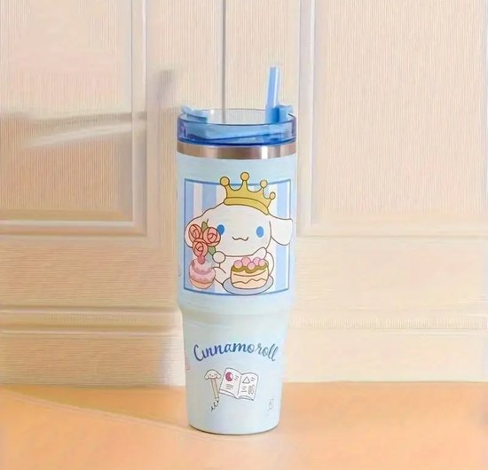 Sanrio - Cinnamoroll drinkfles met rietje - 1.2 liter - waterfles voor kinderen & volwassenen - thermosbeker RVS travel mug - motiverende drinkbus - drinkbeker voor school - Kawaii - Kuromi - Hello Kitty - My Melody - PomPomPurin - Pochacco