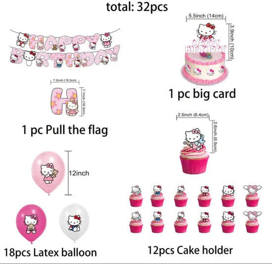 Sanrio - Hello Kitty verjaardag versiering - Happy Birthday Slinger - 32 Stuks - Kinderfeestje - Ballonnen - Verjaardag Decoratie - feestpakket - Kuromi - My Melody - Kuromi - Cinnamoroll - PomPomPurin - Pochacco - kawaii