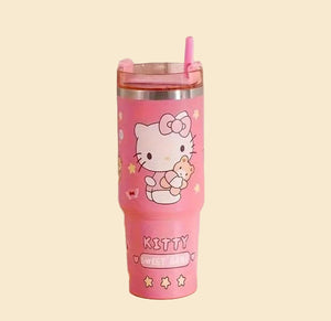 Sanrio - Hello Kitty drinkfles met rietje - 1.2 liter - waterfles voor kinderen & volwassenen - thermosbeker RVS travel mug - motiverende drinkbus - drinkbeker voor school - Kawaii - Cinnamoroll - Kuromi - My Melody - PomPomPurin - Pochacco