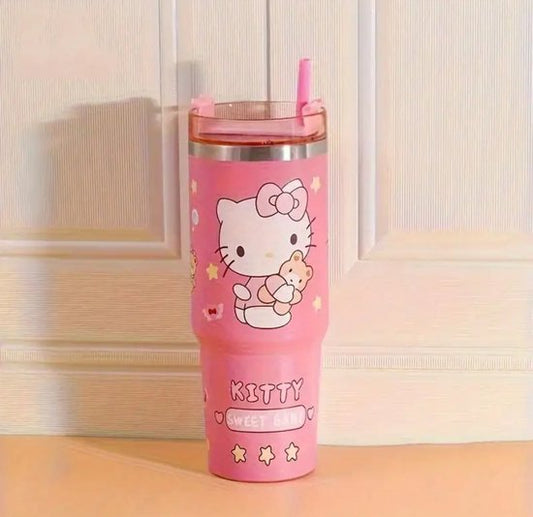 Sanrio - Hello Kitty drinkfles met rietje - 1.2 liter - waterfles voor kinderen & volwassenen - thermosbeker RVS travel mug - motiverende drinkbus - drinkbeker voor school - Kawaii - Cinnamoroll - Kuromi - My Melody - PomPomPurin - Pochacco