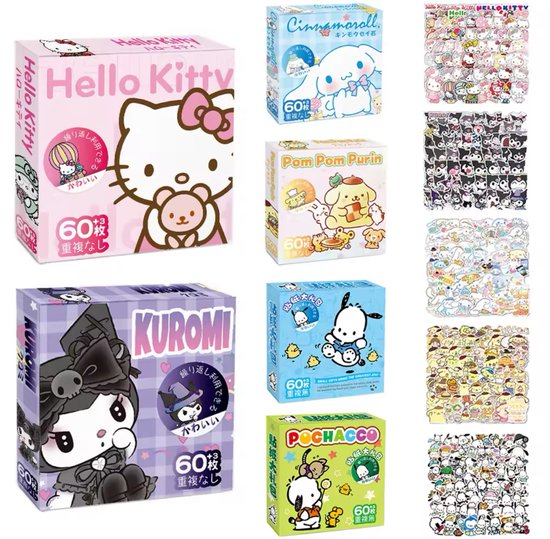 Sanrio - PomPomPurin stickermix - 60 stuks - stickers - Cinnamoroll - Hello Kitty - My Melody - Kuromi - Pochacco - Kawaii | Laptop | Ereader | Bullet Journal