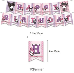 Sanrio - Kuromi & My Melody verjaardag versiering - Happy Birthday Slinger - 30 Stuks - Kinderfeestje - Ballonnen - Tafelkleed - Verjaardag Decoratie - feestpakket - Hello Kitty - My Melody - Kuromi - Cinnamoroll - PomPomPurin - Pochacco - kawaii