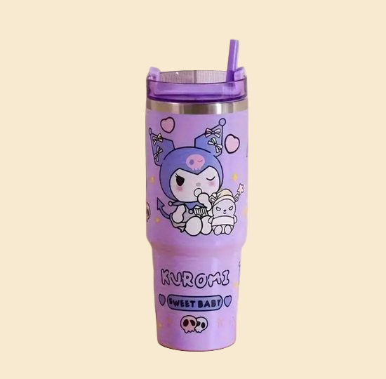 Sanrio - Kuromi drinkfles met rietje - 1.2 liter - waterfles voor kinderen & volwassenen - thermosbeker RVS travel mug - motiverende drinkbus - drinkbeker voor school - Kawaii - Cinnamoroll - Hello Kitty - My Melody - PomPomPurin - Pochacco