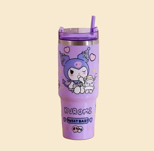 Sanrio - Kuromi drinkfles met rietje - 1.2 liter - waterfles voor kinderen & volwassenen - thermosbeker RVS travel mug - motiverende drinkbus - drinkbeker voor school - Kawaii - Cinnamoroll - Hello Kitty - My Melody - PomPomPurin - Pochacco