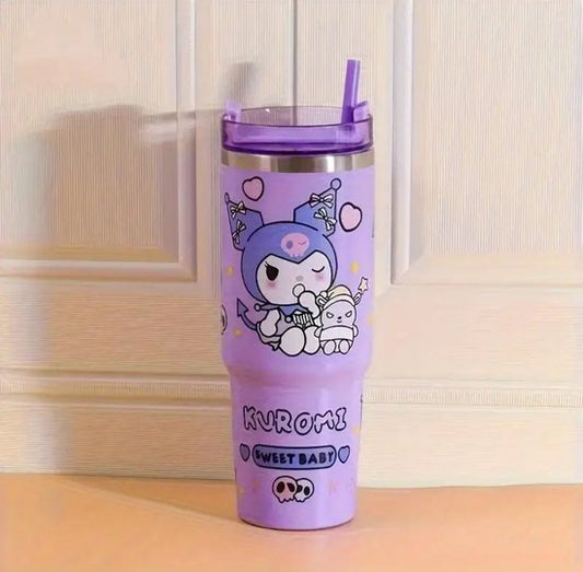 Sanrio - Kuromi drinkfles met rietje - 1.2 liter - waterfles voor kinderen & volwassenen - thermosbeker RVS travel mug - motiverende drinkbus - drinkbeker voor school - Kawaii - Cinnamoroll - Hello Kitty - My Melody - PomPomPurin - Pochacco