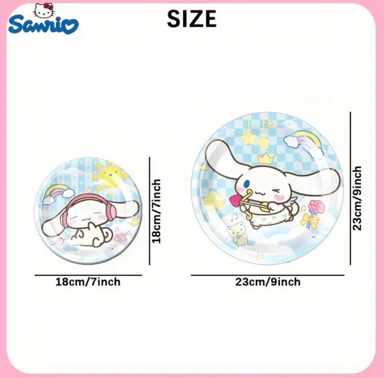 Sanrio - Cinnamoroll Wegwerpserviesset - Papieren Feestartikelen - 50 Stuks - Kinderfeestje - Borden - Bekers - Servetten - Tafelkleed - feestpakket - Hello Kitty - My Melody - Kuromi - Cinnamoroll - PomPomPurin - Pochacco - kawaii