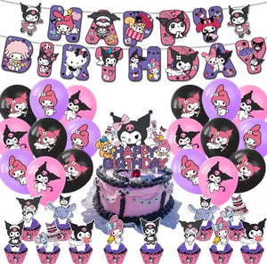 Sanrio - Kuromi verjaardag versiering - Happy Birthday Slinger - 30 Stuks - Kinderfeestje - Ballonnen - Verjaardag Decoratie - feestpakket - Hello Kitty - My Melody - Kuromi - Cinnamoroll - PomPomPurin - Pochacco - kawaii