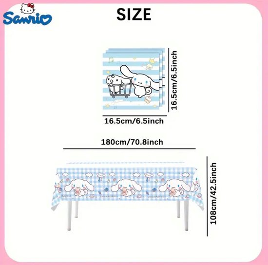 Sanrio - Cinnamoroll Wegwerpserviesset - Papieren Feestartikelen - 50 Stuks - Kinderfeestje - Borden - Bekers - Servetten - Tafelkleed - feestpakket - Hello Kitty - My Melody - Kuromi - Cinnamoroll - PomPomPurin - Pochacco - kawaii