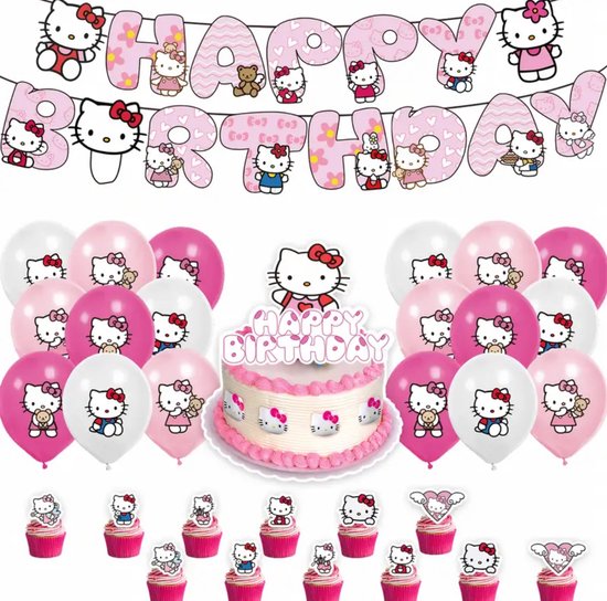 Sanrio - Hello Kitty verjaardag versiering - Happy Birthday Slinger - 32 Stuks - Kinderfeestje - Ballonnen - Verjaardag Decoratie - feestpakket - Kuromi - My Melody - Kuromi - Cinnamoroll - PomPomPurin - Pochacco - kawaii