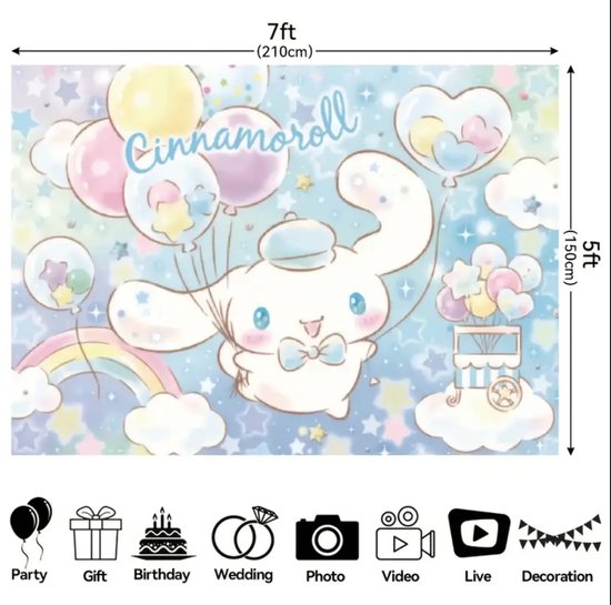 Sanrio - Cinnamoroll feestposter - 210 x 150 cm - achtergronddoek - decoratie - verjaardag - verjaardag versiering - kinderfeestje - Hello Kitty - My Melody - Kuromi - Cinnamoroll - PomPomPurin - Pochacco - kawaii