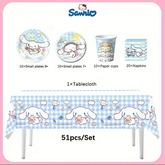 Sanrio - Cinnamoroll Wegwerpserviesset - Papieren Feestartikelen - 50 Stuks - Kinderfeestje - Borden - Bekers - Servetten - Tafelkleed - feestpakket - Hello Kitty - My Melody - Kuromi - Cinnamoroll - PomPomPurin - Pochacco - kawaii