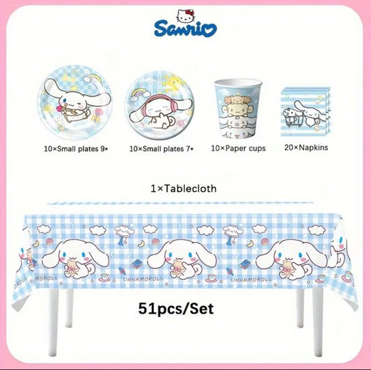 Sanrio - Cinnamoroll Wegwerpserviesset - Papieren Feestartikelen - 50 Stuks - Kinderfeestje - Borden - Bekers - Servetten - Tafelkleed - feestpakket - Hello Kitty - My Melody - Kuromi - Cinnamoroll - PomPomPurin - Pochacco - kawaii