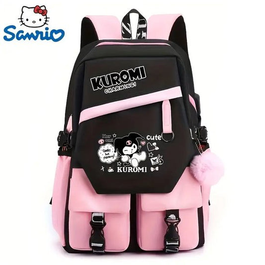 Sanrio - Kuromi rugzak - 43 cm - zwart - roze - met laptopvak - Gesp - rugtas - schooltas - kawaii - Cinnamoroll - Hello Kitty - My Melody - PomPomPurin - Pochacco