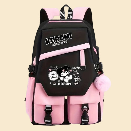 Sanrio - Kuromi rugzak - 43 cm - zwart - roze - met laptopvak - Gesp - rugtas - schooltas - kawaii - Cinnamoroll - Hello Kitty - My Melody - PomPomPurin - Pochacco