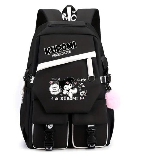 Sanrio - Kuromi rugzak - 43 cm - zwart - wit - met laptopvak - Gesp - rugtas - schooltas - kawaii - Cinnamoroll - Hello Kitty - My Melody - PomPomPurin - Pochacco