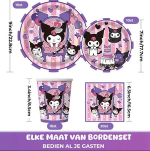 Sanrio - Kuromi Wegwerpserviesset - Papieren Feestartikelen - 50 Stuks - Kinderfeestje - Borden - Bekers - Servetten - Tafelkleed - feestpakket - Hello Kitty - My Melody - Kuromi - Cinnamoroll - PomPomPurin - Pochacco - kawaii