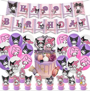 Sanrio - Kuromi & My Melody verjaardag versiering - Happy Birthday Slinger - 30 Stuks - Kinderfeestje - Ballonnen - Tafelkleed - Verjaardag Decoratie - feestpakket - Hello Kitty - My Melody - Kuromi - Cinnamoroll - PomPomPurin - Pochacco - kawaii