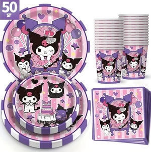 Sanrio - Kuromi Wegwerpserviesset - Papieren Feestartikelen - 50 Stuks - Kinderfeestje - Borden - Bekers - Servetten - Tafelkleed - feestpakket - Hello Kitty - My Melody - Kuromi - Cinnamoroll - PomPomPurin - Pochacco - kawaii