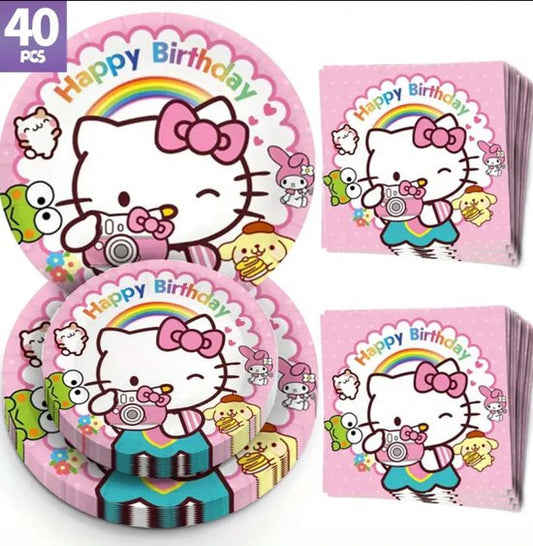 Sanrio - Hello Kitty Wegwerpserviesset - Papieren Feestartikelen - 40 Stuks - Kinderfeestje - Borden - Bekers - Servetten - feestpakket - Hello Kitty - My Melody - Kuromi - Cinnamoroll - PomPomPurin - Pochacco - kawaii