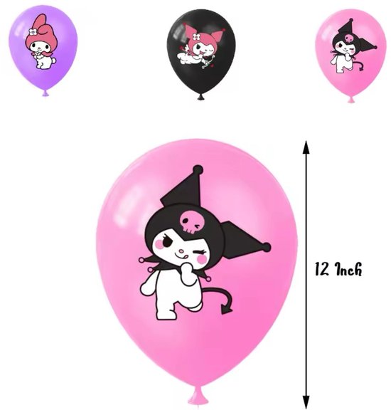Sanrio - Kuromi verjaardag versiering - Happy Birthday Slinger - 30 Stuks - Kinderfeestje - Ballonnen - Verjaardag Decoratie - feestpakket - Hello Kitty - My Melody - Kuromi - Cinnamoroll - PomPomPurin - Pochacco - kawaii