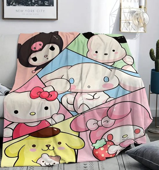 Sanrio - deken met Sanrio personages - 100x150 cm - fleece - Sanrio & Friends - Cinnamoroll - Kuromi - Hello Kitty - My Melody - PomPomPurin - Pochacco - cadeau - kawaii