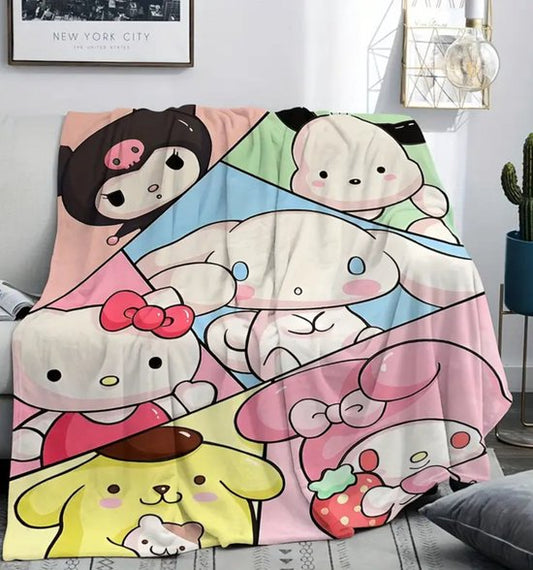 Sanrio - deken met Sanrio personages - 100x150 cm - fleece - Sanrio & Friends - Cinnamoroll - Kuromi - Hello Kitty - My Melody - PomPomPurin - Pochacco - cadeau - kawaii