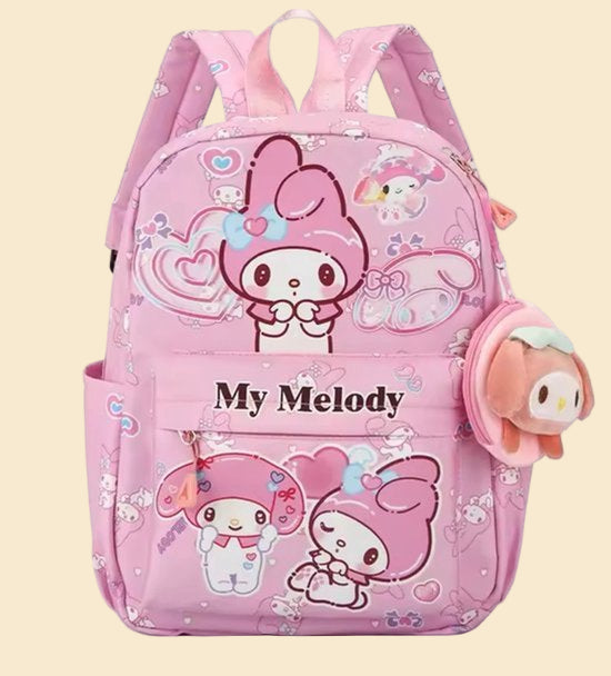 Sanrio - My Melody rugzak - 33 cm - roze - met binnenvak - My Melody bedel - My Melody portemonnee - rugtas - schooltas - kawaii - Cinnamoroll - Hello Kitty - Kuromi - PomPomPurin - Pochacco