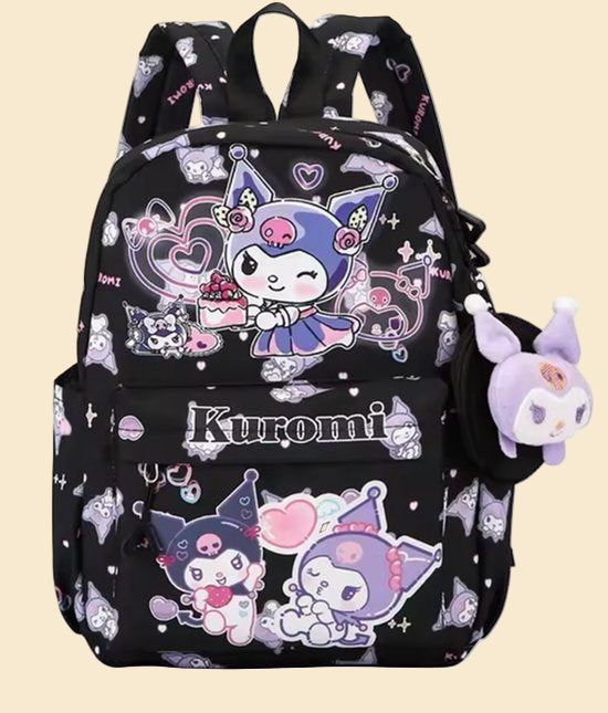 Sanrio - Kuromi rugzak - 33 cm - zwart - met binnenvak - Kuromi bedel - Kuromi portemonnee - rugtas - schooltas - kawaii - Cinnamoroll - Hello Kitty - My Melody - PomPomPurin - Pochacco