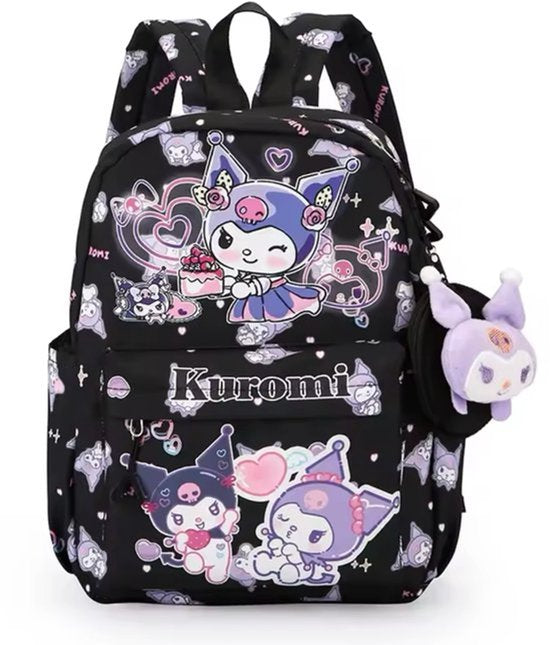 Sanrio - Kuromi rugzak - 33 cm - zwart - met binnenvak - Kuromi bedel - Kuromi portemonnee - rugtas - schooltas - kawaii - Cinnamoroll - Hello Kitty - My Melody - PomPomPurin - Pochacco