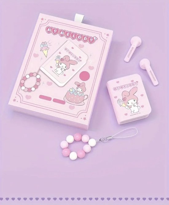 Sanrio - My Melody draadloze oordopjes - bluetooth oordopjes - in boekcover - boekvorm - met hanger - 6 uur speeltijd - Kawaii - Cinnamoroll - Hello Kitty - Kuromi - PomPomPurin - Pochacco