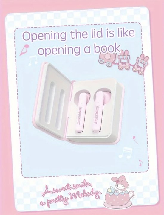 Sanrio - My Melody draadloze oordopjes - bluetooth oordopjes - in boekcover - boekvorm - met hanger - 6 uur speeltijd - Kawaii - Cinnamoroll - Hello Kitty - Kuromi - PomPomPurin - Pochacco
