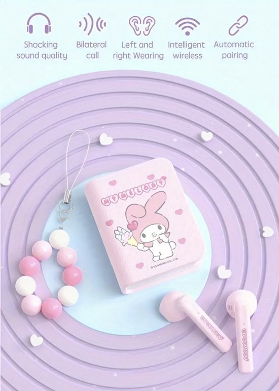 Sanrio - My Melody draadloze oordopjes - bluetooth oordopjes - in boekcover - boekvorm - met hanger - 6 uur speeltijd - Kawaii - Cinnamoroll - Hello Kitty - Kuromi - PomPomPurin - Pochacco
