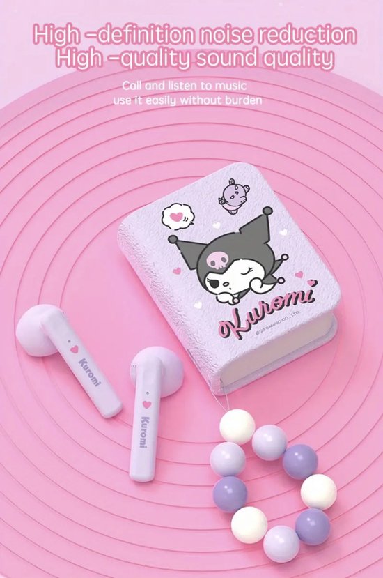 Sanrio - Kuromi draadloze oordopjes - bluetooth oordopjes - in boekcover - boekvorm - met hanger - 6 uur speeltijd - Kawaii - Cinnamoroll - Hello Kitty - My Melody - PomPomPurin - Pochacco