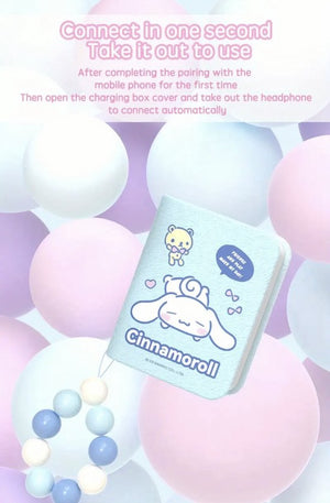 Sanrio - Cinnamoroll draadloze oordopjes - bluetooth oordopjes - in boekcover - boekvorm - met hanger - 6 uur speeltijd - Kawaii - Kuromi - Hello Kitty - My Melody - PomPomPurin - Pochacco