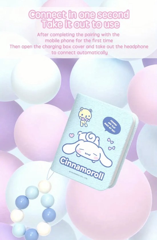 Sanrio - Cinnamoroll draadloze oordopjes - bluetooth oordopjes - in boekcover - boekvorm - met hanger - 6 uur speeltijd - Kawaii - Kuromi - Hello Kitty - My Melody - PomPomPurin - Pochacco