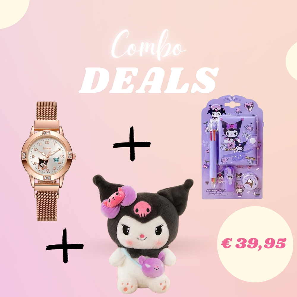 Combodeal Kuromi horloge + knuffel 38 cm + schrijfwaren
