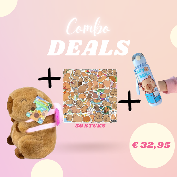 Combodeal capybara knuffel + drinkfles + stickers 50 stuks