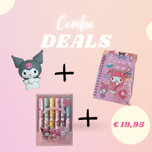 Combodeal Kuromi Squishy + My Melody notitieboekje + markeerstiften
